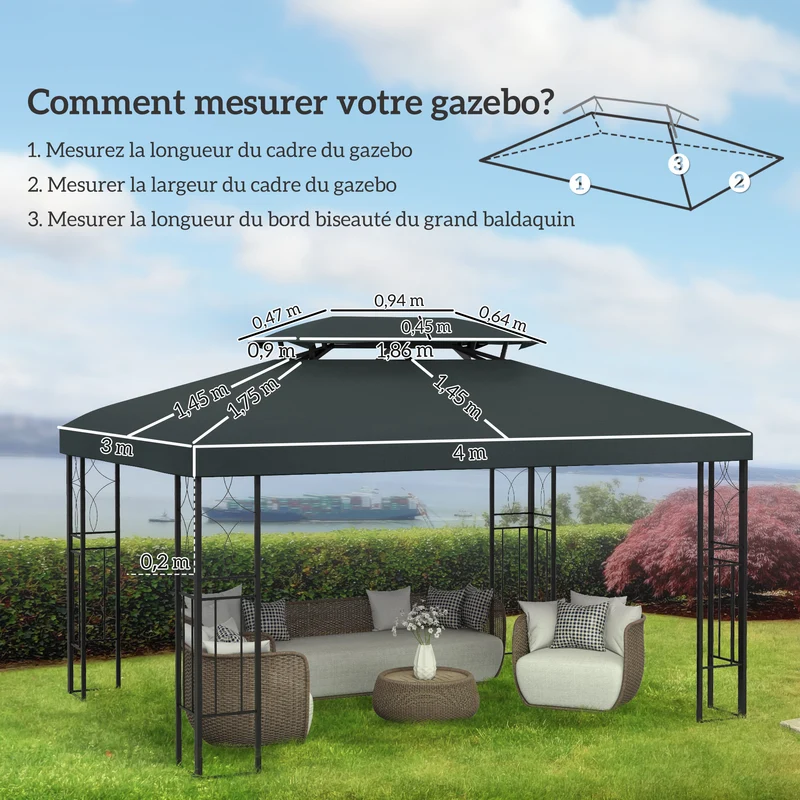 Toile de rechange pour pavillon 3 x 4 m double toit ventilation anti poche d'eau contemporain jardin en polyester gris 21_0004744