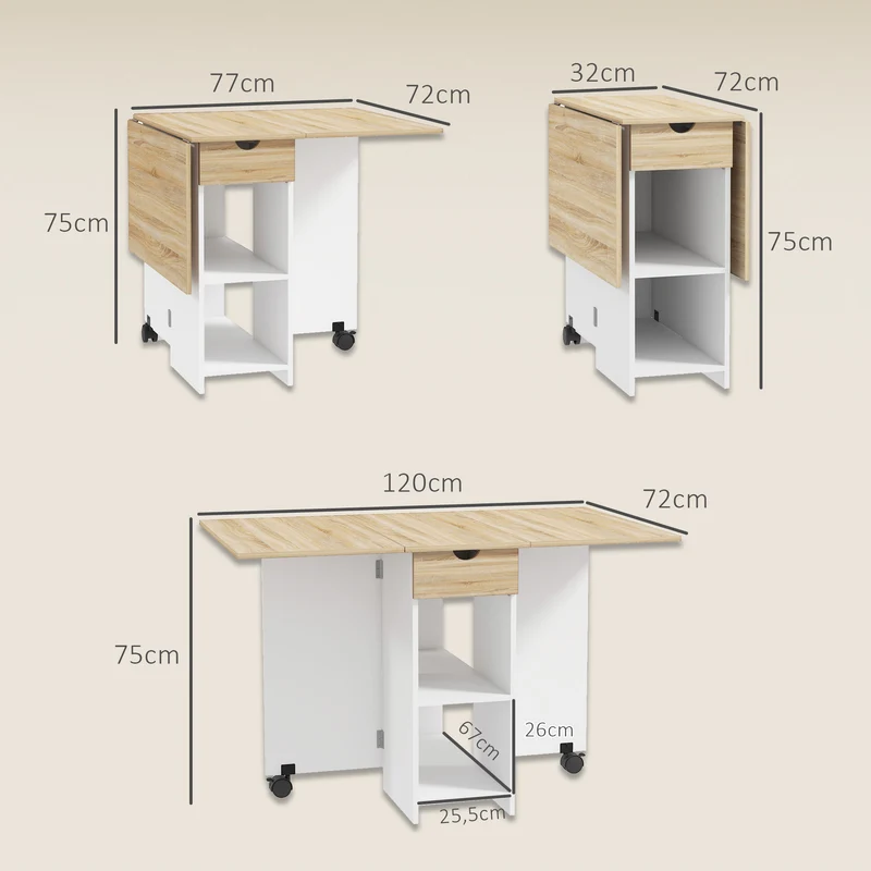 Table à manger pliante extensible 120 x 72 x 75 cm gain de place tiroir contemporain en panneau de particules chêne 21_0003243