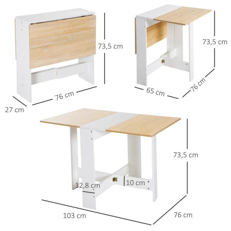 Table de cuisine pliante gain de place 103 x 76 x 74 cm pliable un ou deux côtés pratique moderne épuré en MDF chêne 21_0001726