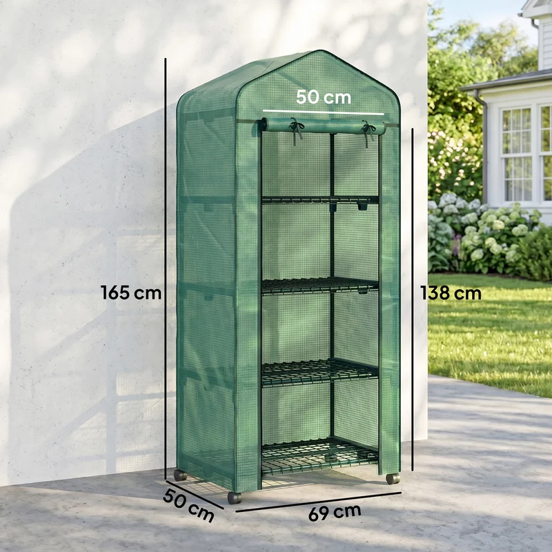 Serre de jardin étagère 4 niveaux 69 x 50 x 165 cm protection intempéries sur roulettes style moderne en acier vert 21_0004099