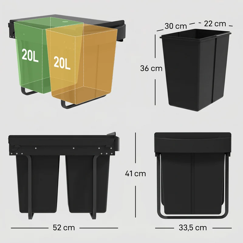 Poubelle coulissante sous évier 52 x 33,5 x 41 cm tri sélectif 2 x 20L fermeture douce cuisine moderne épuré en PP noir 21_0005946