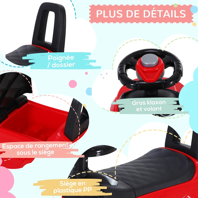 Porteur voiture pour bébé 62 x 28 x 42 cm apprentissage équilibre coffre rangement style ludique contemporain en PP rouge 21_0000448