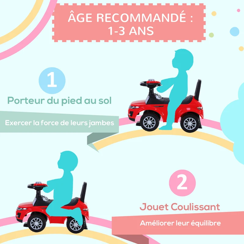 Porteur voiture pour bébé 62 x 28 x 42 cm apprentissage équilibre coffre rangement style ludique contemporain en PP rouge 21_0000448