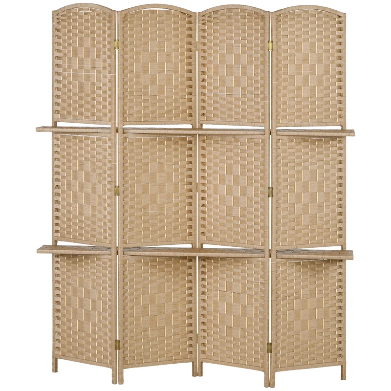 Paravent séparateur de pièce 4 panneaux 2 étagères pliable design scandinave épuré 160 x 1.6 x 170 cm en bois naturel 21_0001320