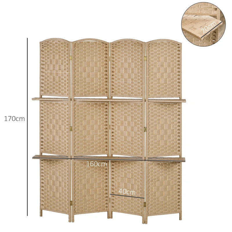 Paravent séparateur de pièce 4 panneaux 2 étagères pliable design scandinave épuré 160 x 1.6 x 170 cm en bois naturel 21_0001320