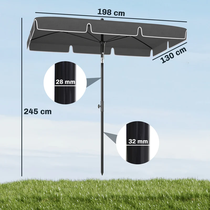 Parasol rectangulaire inclinable jardin 198 x 130 x 245 cm toile 160g ouverture à corde contemporain en polyester gris 21_0004951