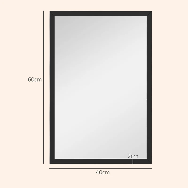Miroir mural rectangulaire 60 x 40 cm salle de bain fixation horizontale et verticale lumineux moderne épuré en MDF noir 21_0001353