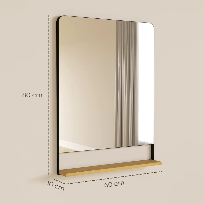 Miroir mural entrée rectangulaire 80 x 60 x 10 cm étagère intégrée rangement pratique style industriel en métal noir 21_0003714