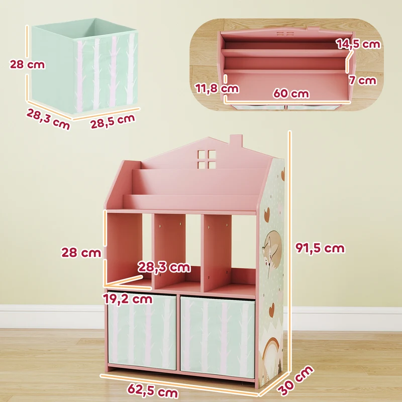 Meuble rangement enfant forme maison 62,5 x 30 x 91,5 cm accès autonome antibasculement moderne décoratif en MDF rose 21_0000179