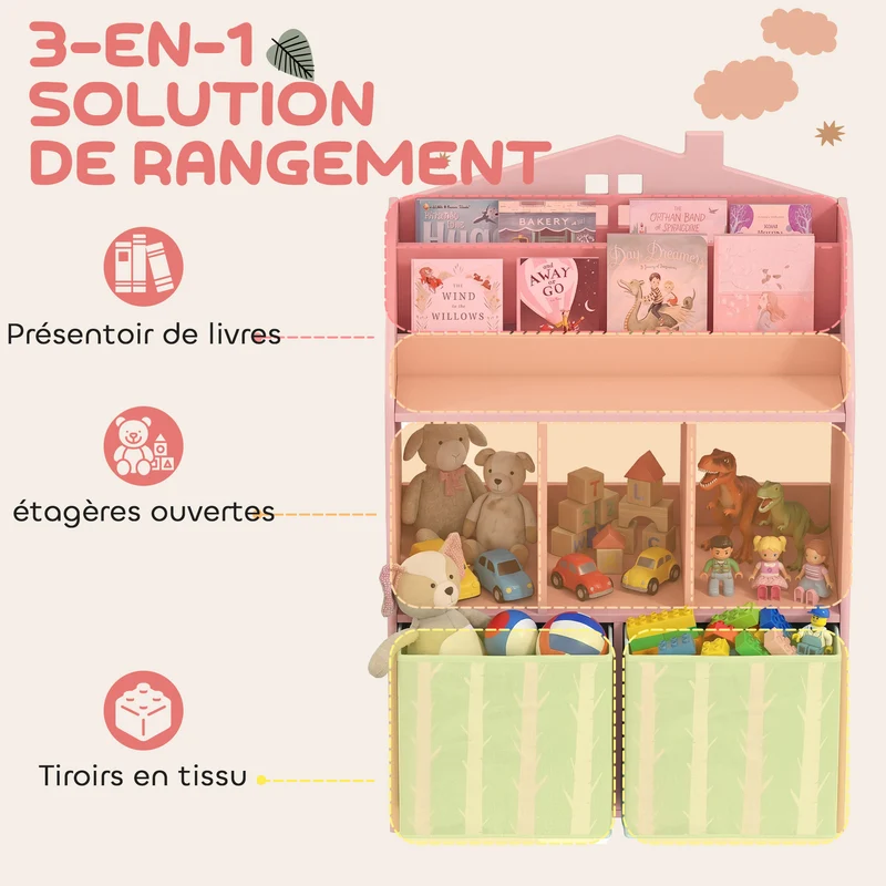Meuble rangement enfant forme maison 62,5 x 30 x 91,5 cm accès autonome antibasculement moderne décoratif en MDF rose 21_0000179