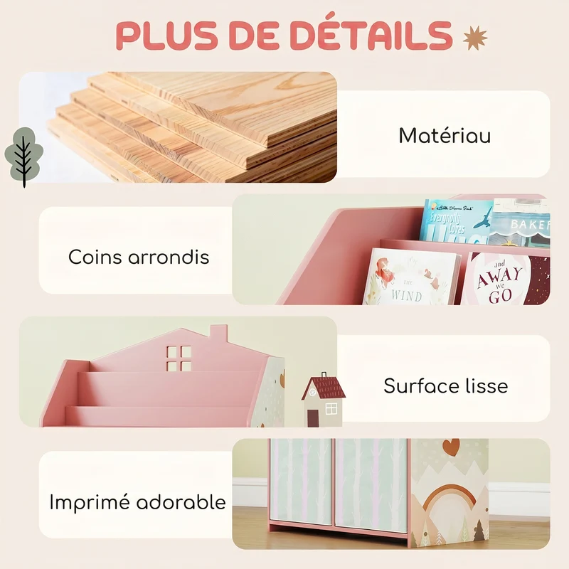 Meuble rangement enfant forme maison 62,5 x 30 x 91,5 cm accès autonome antibasculement moderne décoratif en MDF rose 21_0000179