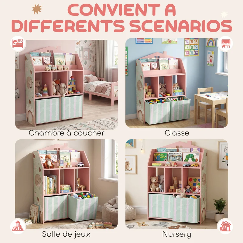 Meuble rangement enfant forme maison 62,5 x 30 x 91,5 cm accès autonome antibasculement moderne décoratif en MDF rose 21_0000179