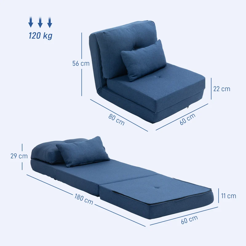 Fauteuil convertible canapé-lit 180 x 60 x 29 cm lit d'appoint dossier réglable 5 positions moderne en lin bleu foncé 21_0001833