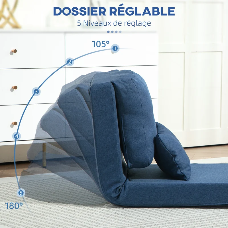 Fauteuil convertible canapé-lit 180 x 60 x 29 cm lit d'appoint dossier réglable 5 positions moderne en lin bleu foncé 21_0001833