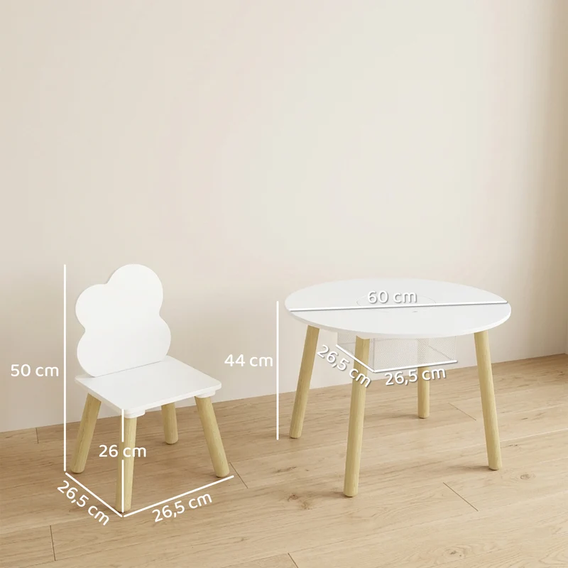Ensemble table deux chaises enfants 60 x 60 x 44 cm sac de rangement central bords arrondis scandinave en MDF blanc 21_0000241
