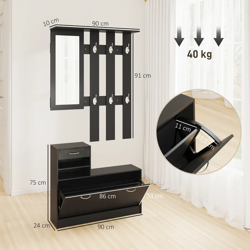 Ensemble meuble d'entrée 3 en 1 90 x 24 x 75 cm miroir intégré rangement modulable épuré en panneaux de particules noir 21_0001408