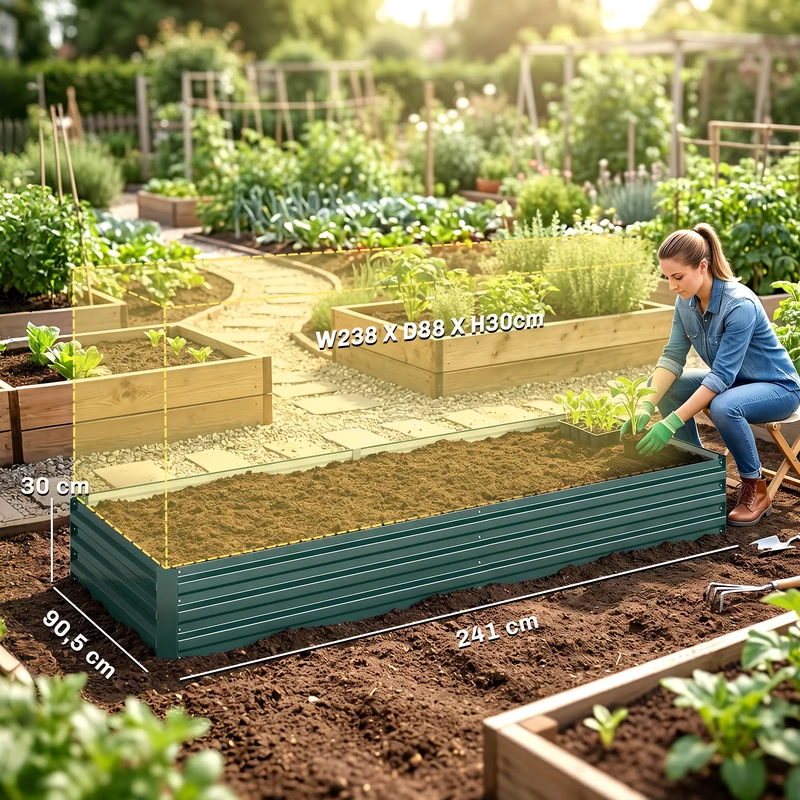 Carré potager surélevé rectangulaire 241 x 90,5 x 30 cm modulable anti-rouille industriel en acier galvanisé vert foncé 21_0004213