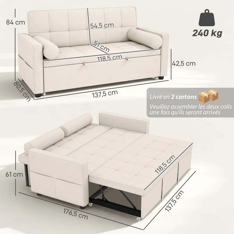 Canapé convertible 2 places 3 en 1 80,5 x 137,5 x 84 cm dossier réglable gain de place moderne cosy en polyester beige 21_0003522
