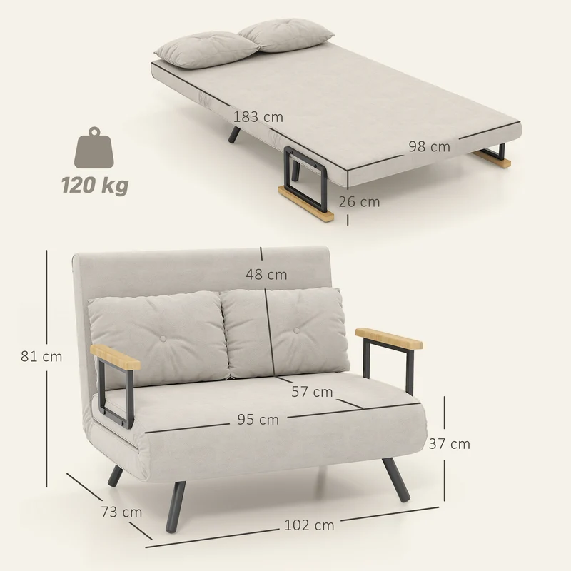 Canapé convertible 2 places 102 x 73 x 81 cm dossier 5 positions assise rembourrée moderne 2 coussins en polyester beige 21_0003138
