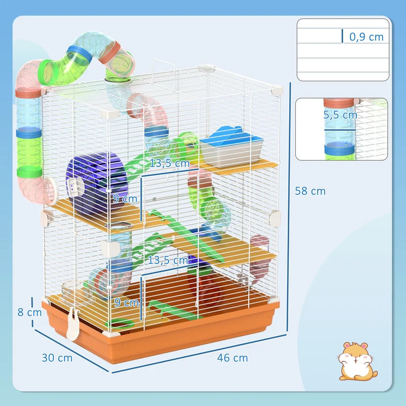 Cage pour hamster 5 étages 46 x 30 x 58 cm espace de jeu sécurisé roue d'exercice compact design moderne en métal orange 21_0007924