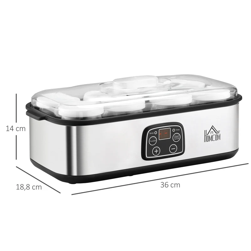 Yaourtière électrique 8 pots 180 ml familiale 36 x 18.8 x 14 cm minuterie programmable épuré en acier inoxydable argent 21_0000935