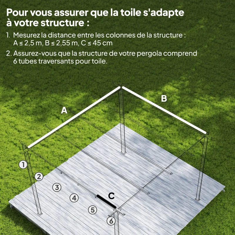 Toile de toit pergola extérieur 250 x 255 cm drainage 10 œillets poches 6 barres contemporain en polyester gris foncé 21_0004804