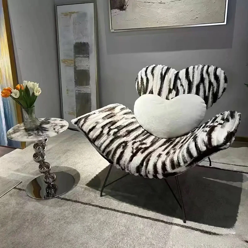 Modern Minimalist Curved Rabbit Velvet Sponge Carbon Steel Accent Chair Backrest Armrest For Living Room