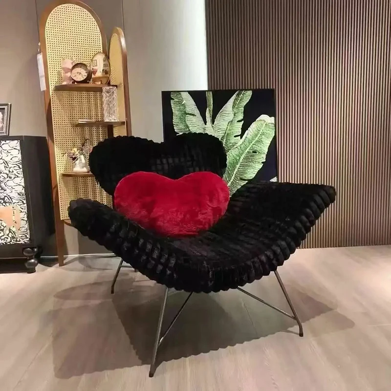 Modern Minimalist Curved Rabbit Velvet Sponge Carbon Steel Accent Chair Backrest Armrest For Living Room