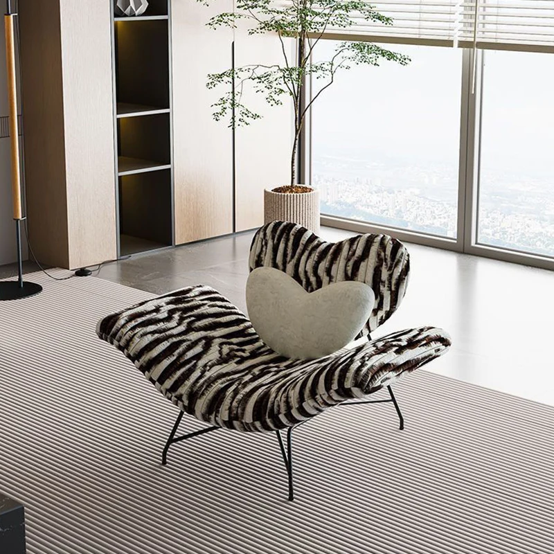 Modern Minimalist Curved Rabbit Velvet Sponge Carbon Steel Accent Chair Backrest Armrest For Living Room