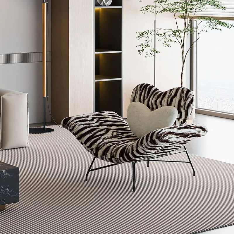 Modern Minimalist Curved Rabbit Velvet Sponge Carbon Steel Accent Chair Backrest Armrest For Living Room
