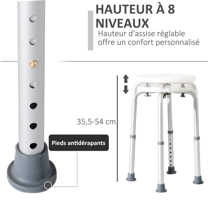 Tabouret de douche réglable 32,5 x 32,5 x 35,5-54 cm assise ergonomique antidérapant moderne épuré en aluminium blanc 21_0000926