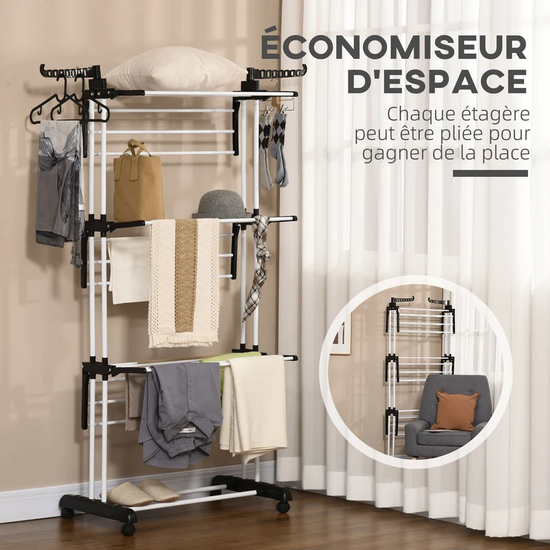 Séchoir étendoir à linge pliable intérieur 73 x 64 x 177 cm à roulettes avec freins 3 niveaux moderne en acier noir 21_0005810