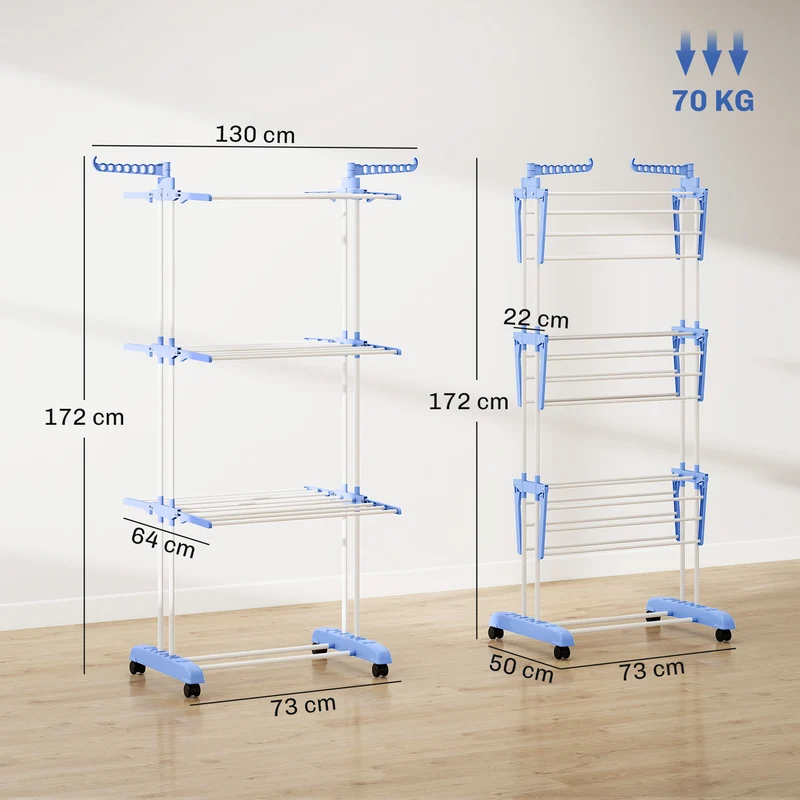 Étendoir à linge sur roulettes pliable 73 x 64 x 172 cm panneaux rabattables gain de place moderne épuré en acier bleu 21_0005811