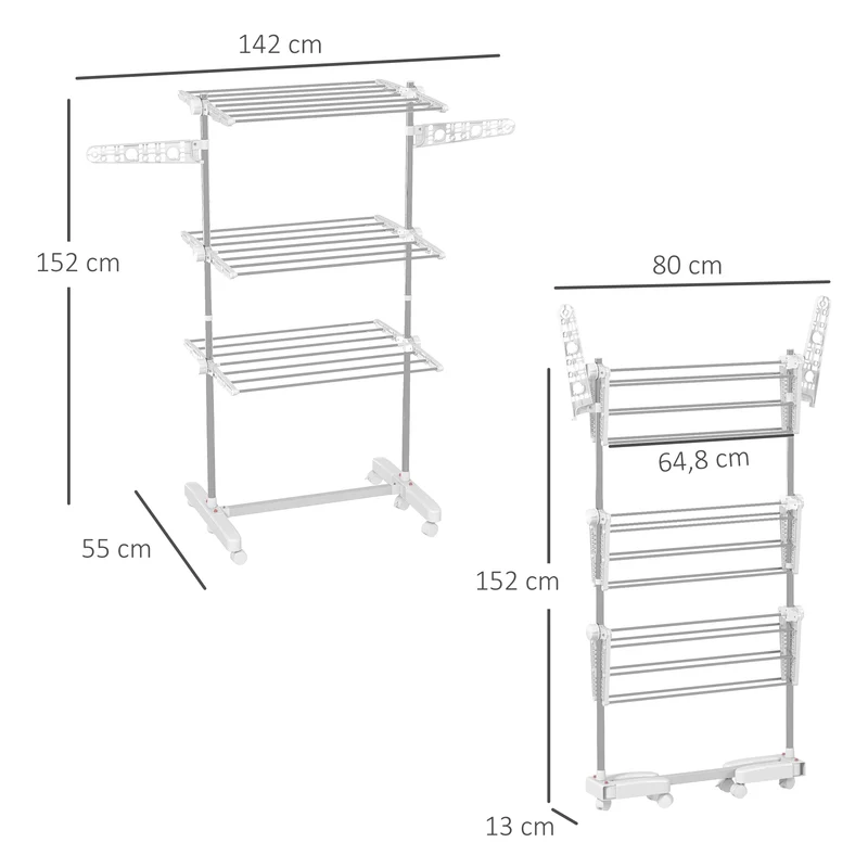Étendoir à linge pliable intérieur extérieur 142 x 55 x 152 cm gain de place roulettes réglables moderne en acier blanc 21_0000109