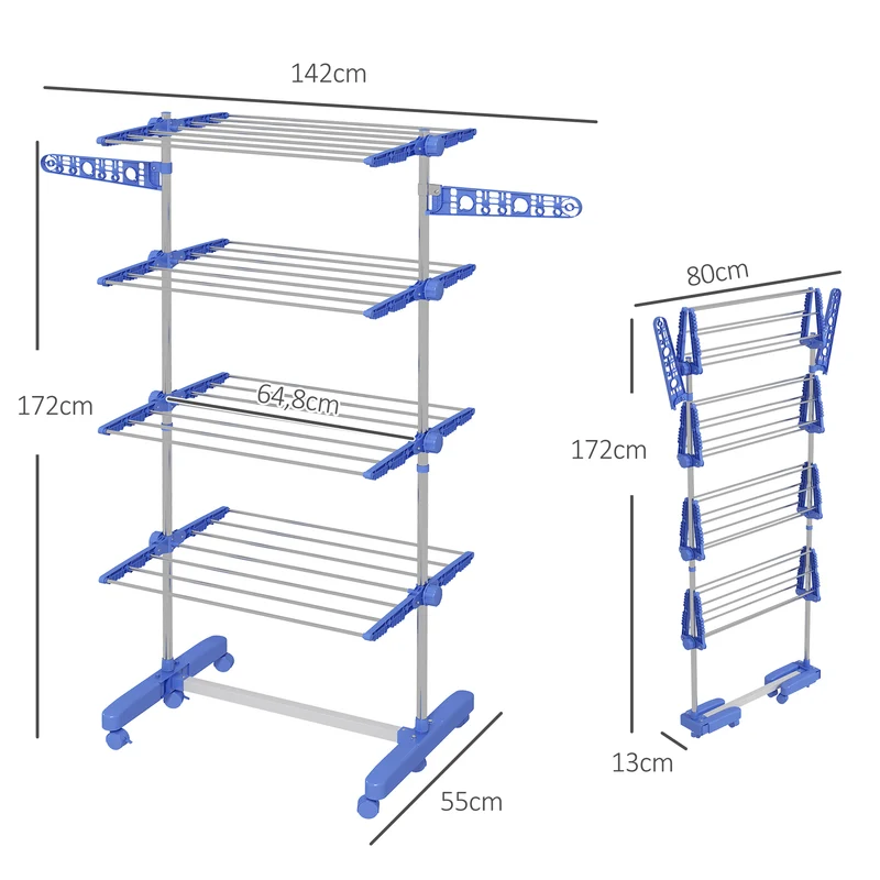 Étendoir à linge pliable intérieur 142 x 55 x 172 cm gain de place roulettes réglables moderne en acier inoxydable bleu 21_0005856