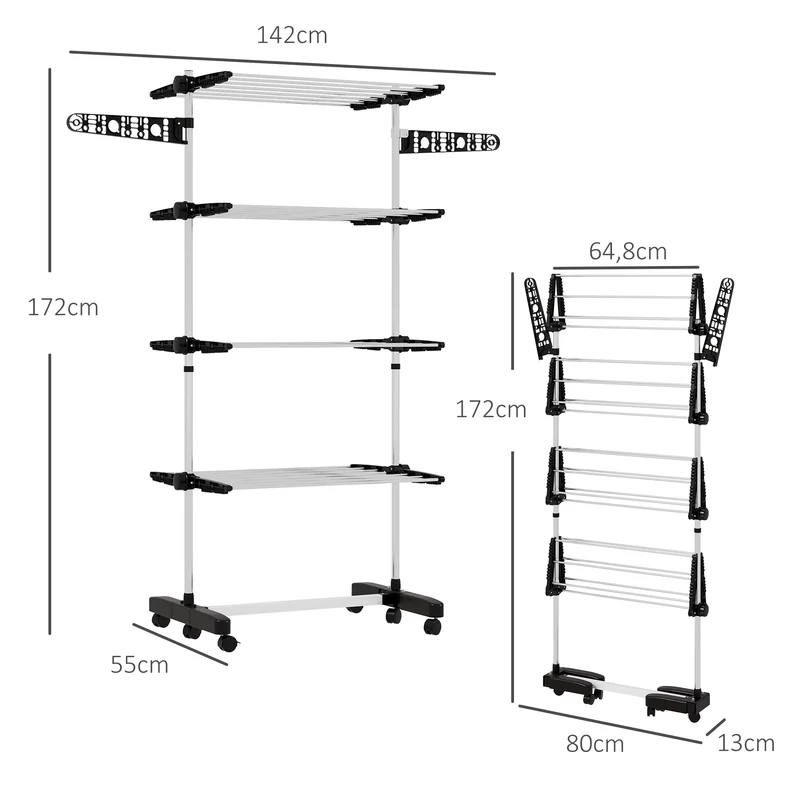 Séchoir à linge pliable intérieur 142 x 55 x 172 cm 4 niveaux à ailes latérales moderne épuré en acier inoxydable et ABS noir 21_0005855