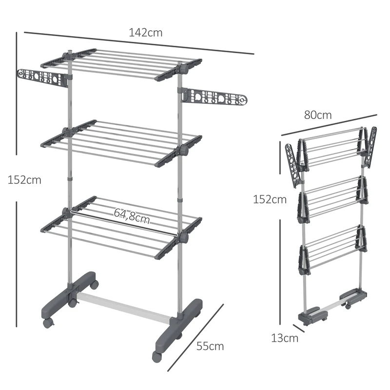 Étendoir à linge pliable intérieur 142 x 55 x 152 cm 3 niveaux à roulettes réglable moderne en acier inoxydable gris 21_0005854