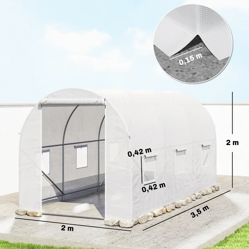 Serre tunnel jardin 350 x 200 x 200 cm protection hivernale ventilation kit ancrage contemporain en polyéthylène blanc 21_0004058