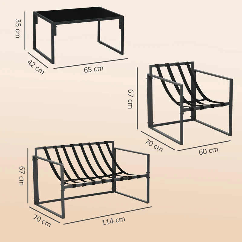 Salon de jardin 4 pièces canapé 2 places fauteuils 65 x 42 x 35 cm confort coussins épais moderne cosy en acier gris 21_0005162