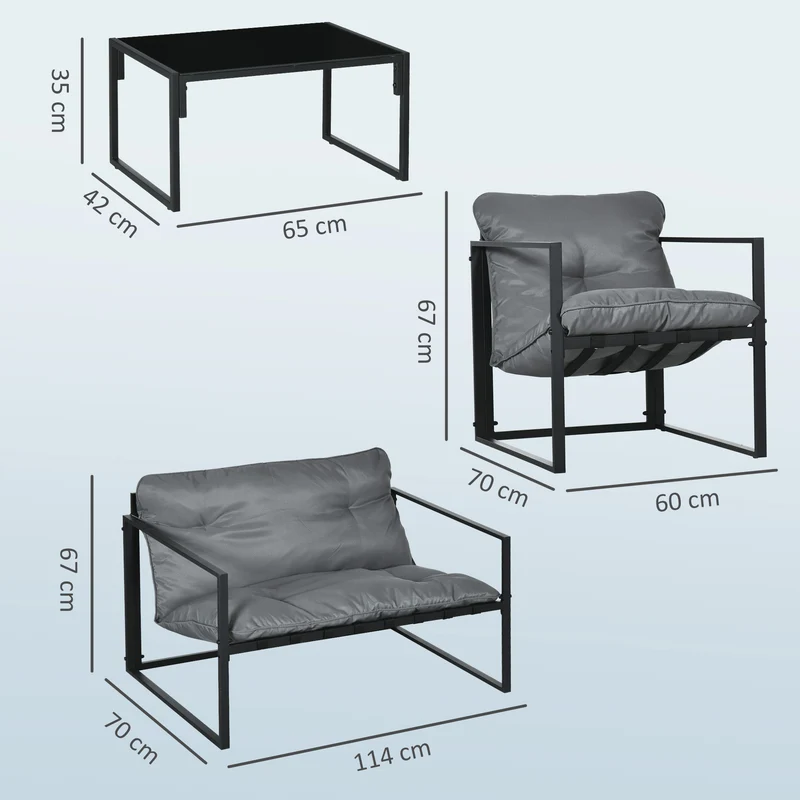 Salon de jardin 4 pièces canapé 2 places 2 fauteuils table 114 x 70 x 67 cm confort coussins cosy moderne en acier gris 21_0005161