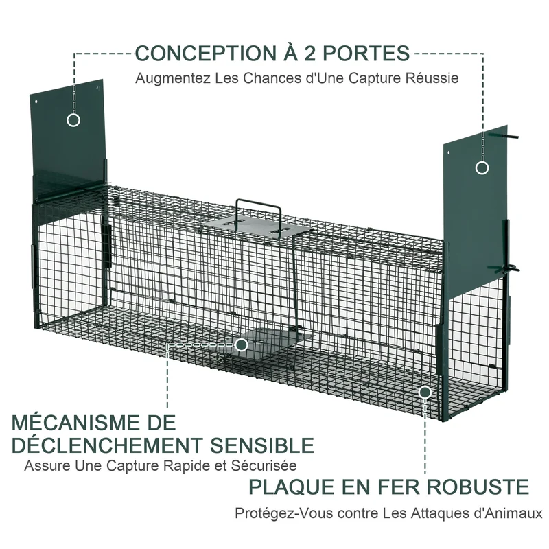 Piège vivant cage double porte 100 x 25 x 28 cm capture sans cruauté poignée pratique moderne épuré en métal vert foncé 21_0006956