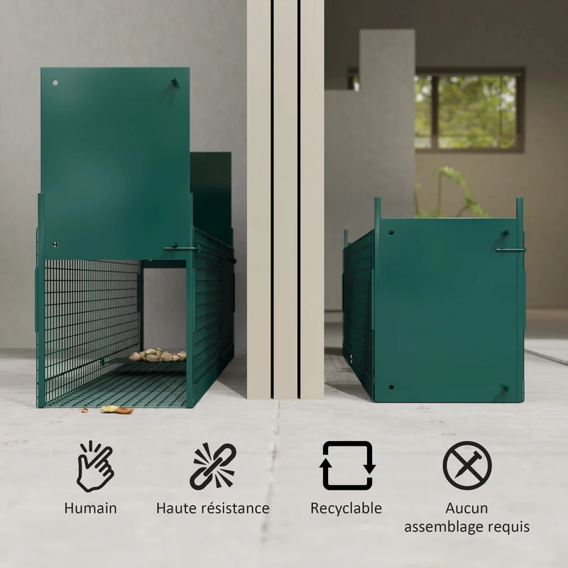 Piège vivant cage double porte 100 x 25 x 28 cm capture sans cruauté poignée pratique moderne épuré en métal vert foncé 21_0006956