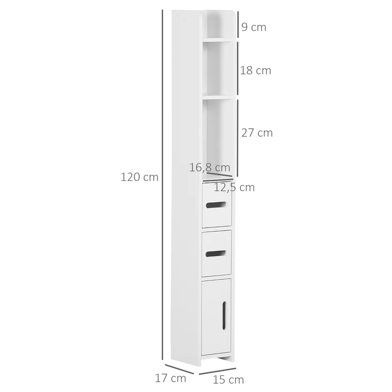 Meuble colonne de salle de bain 15 x 17 x 120 cm gain de place 3 placards 3 étagères épuré contemporain en MDF blanc 21_0001921