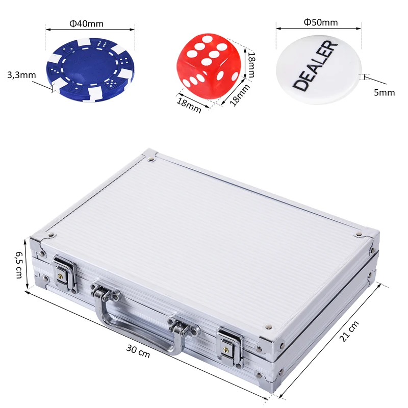 Mallette de poker coffret compact 29,5 x 20,5 x 6,5 cm 200 jetons fermeture à clé design contemporain en aluminium argent 21_0006640