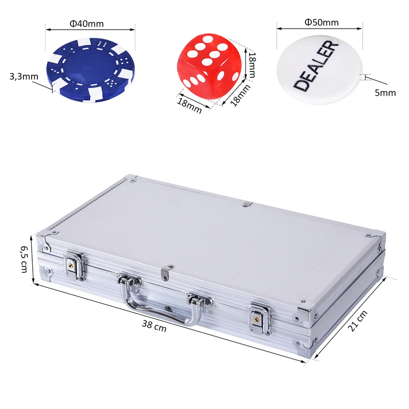 Mallette de poker 38 x 20.5 x 6.5 cm 300 jetons 2 jeux cartes serrure double style épuré moderne en aluminium argent 21_0006639