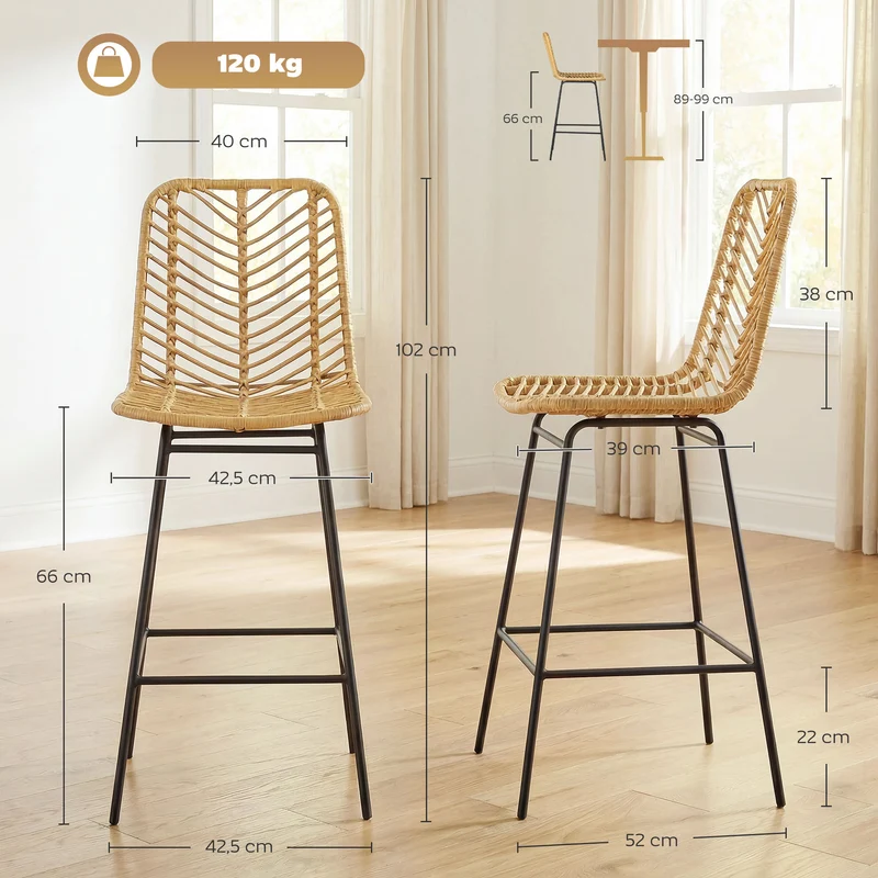 Lot de 2 tabourets de bar 42.5 x 52 x 102 cm assise cannage confort repose-pieds antidérapant vintage en résine jaune 21_0002323