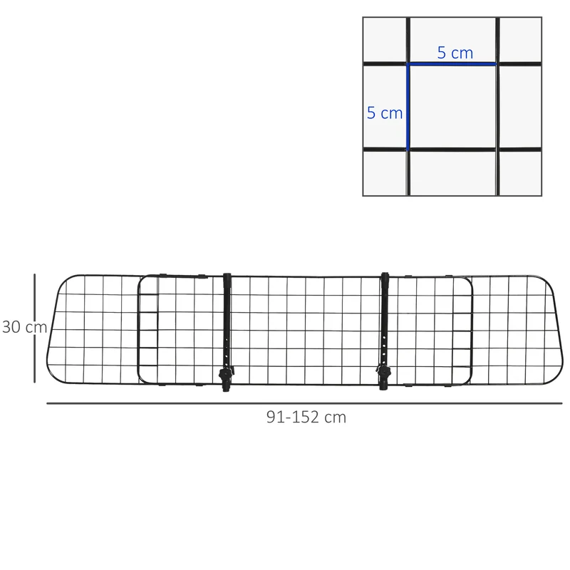 Grille de séparation voiture 91-152 x 30 cm réglable sans outils maintien sûr moderne épuré pour coffre en métal noir 21_0007224