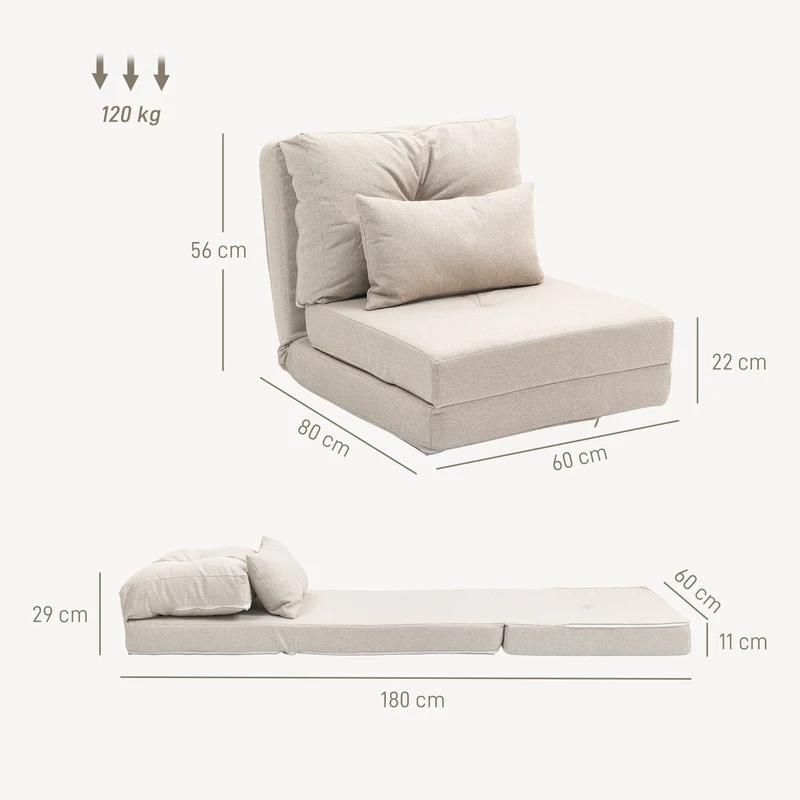 Fauteuil convertible 1 place canapé lit 180 x 60 x 29 cm dossier 5 positions assise modulable moderne épuré en lin beige 21_0001832