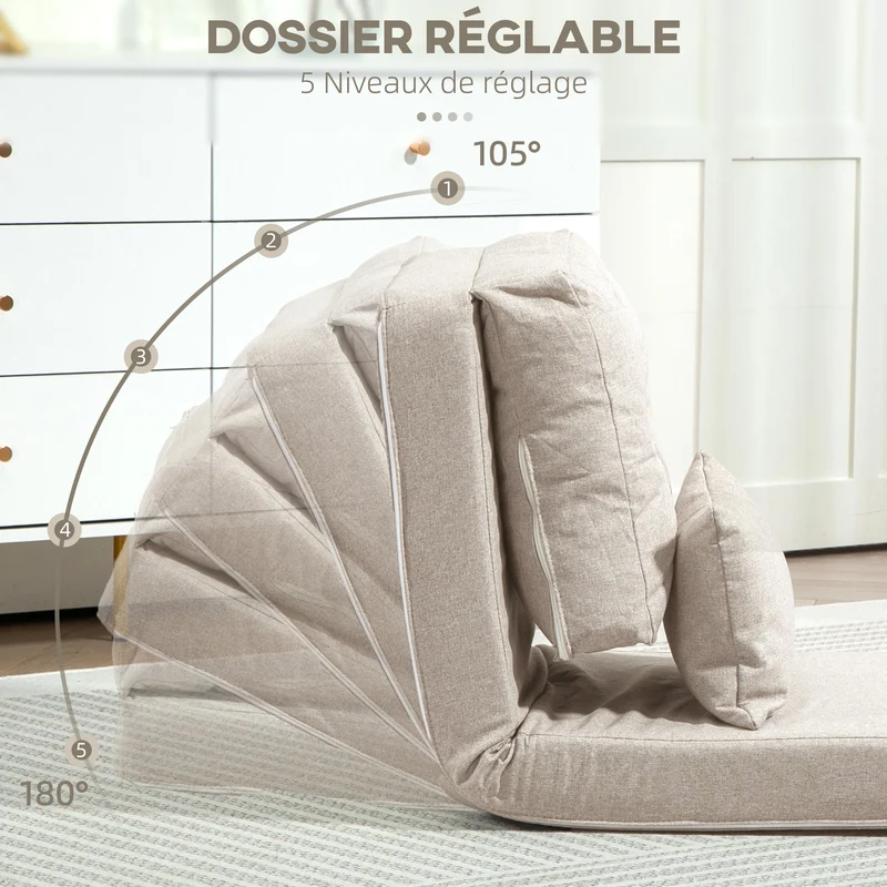 Fauteuil convertible 1 place canapé lit 180 x 60 x 29 cm dossier 5 positions assise modulable moderne épuré en lin beige 21_0001832