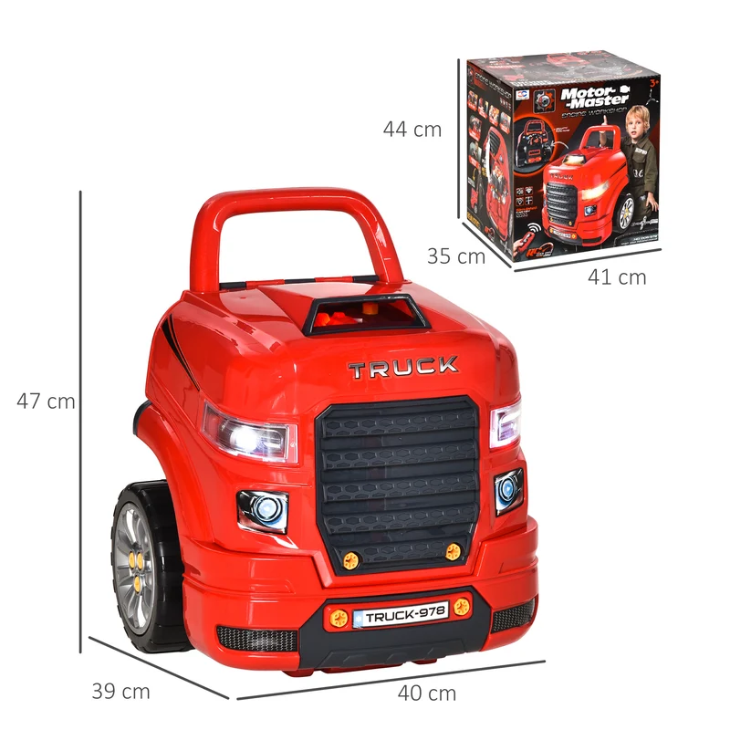 Camion mécano 2 en 1 atelier enfant 40 x 39 x 47 cm 61 accessoires avec effets sonores design contemporain en PP rouge 21_0000423